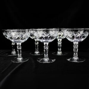 Set of 6 Vintage Crystal Champagne Glasses Fostoria Holly Etched Dessert Cups